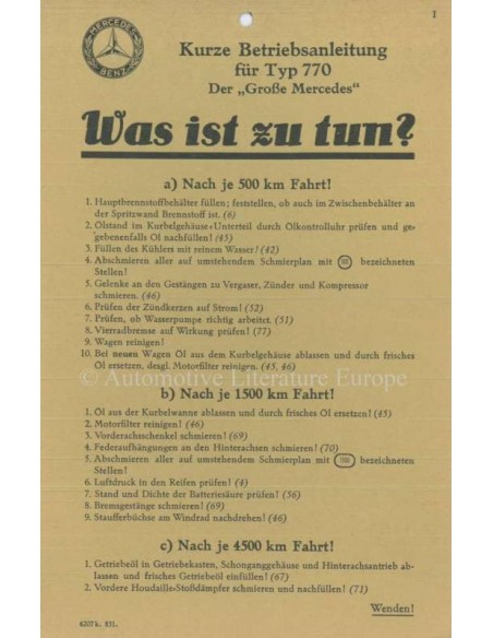 1931 MERCEDES BENZ TYPE 770 OWNERS MANUAL GERMAN