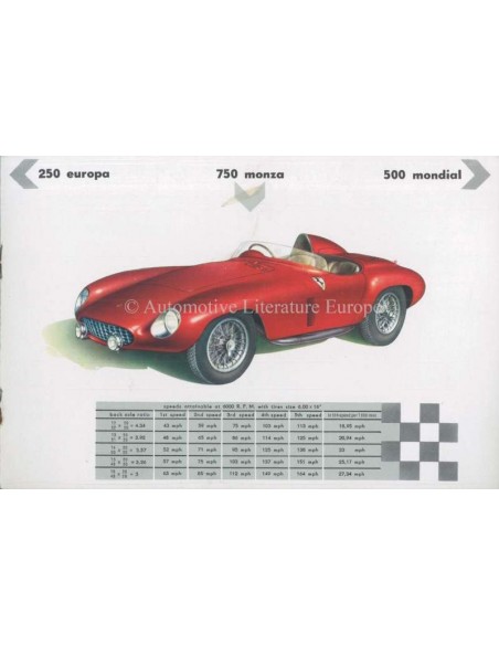 1955 FERRARI 250 EUROPA 500 MONDIAL 750 MONZA BROCHURE ITALIAANS