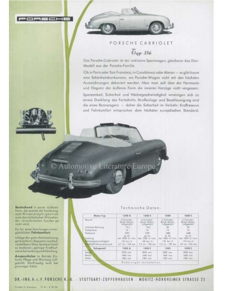 1955 PORSCHE 356 CABRIOLET DATENBLATT DEUTSCH