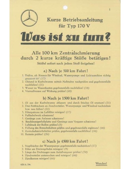 1936 MERCEDES BENZ TYP 170 V BETRIEBSANLEITUNG DEUTSCH