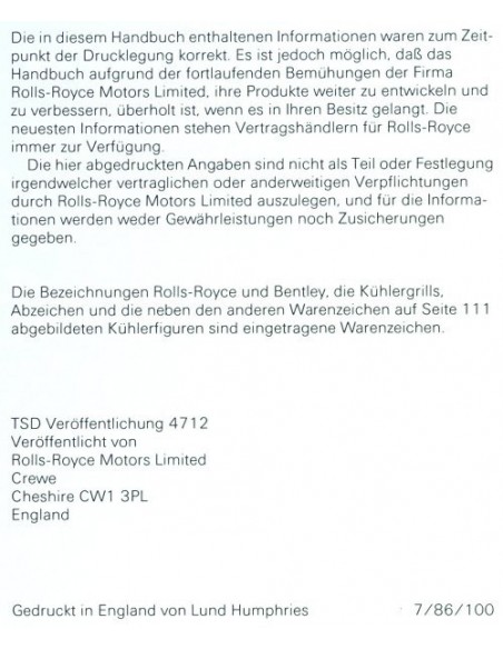 1986 ROLLS ROYCE SILVER SPUR INSTRUCTIEBOEKJE DUITS