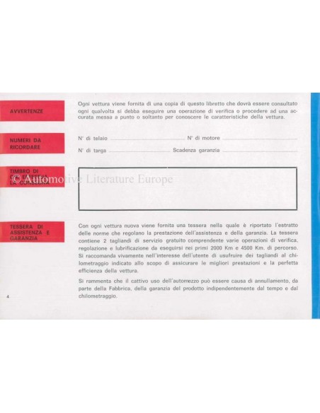 1963 FIAT ABARTH 595 OWNERS MANUAL ITALIAN