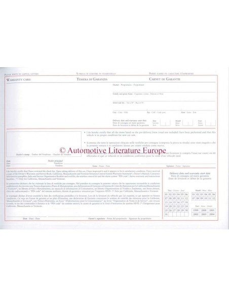 2003 FERRARI 8 ZYLINDER GARANTIEKARTE & WARTUNGSPLAN (USA AUSGABE)