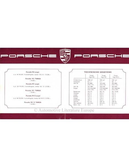 1967 PORSCHE 911 / 912 PRICE LIST DUTCH