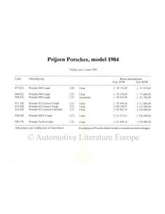 1984 PORSCHE PRICE LIST DUTCH 2