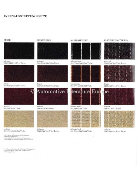 1988 PORSCHE 924 S / 944 / 944 S / 944 TURBO COLOURS & INTERIOR BROCHURE GERMAN