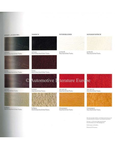 1988 PORSCHE 924 S / 944 / 944 S / 944 TURBO FARBEN & INNENAUSSTATTUNG PROSPEKT DEUTSCH