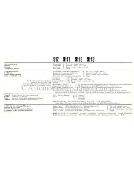 1968 PORSCHE 911 & 912 FARBKARTE PROSPEKT