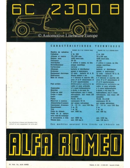 1938 ALFA ROMEO 6C 2300 B BROCHURE FRENCH