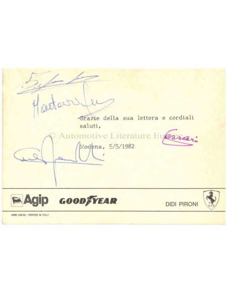1982 FERRARI 126C2 DIDI PIRONI - SIGNED POSTCARD