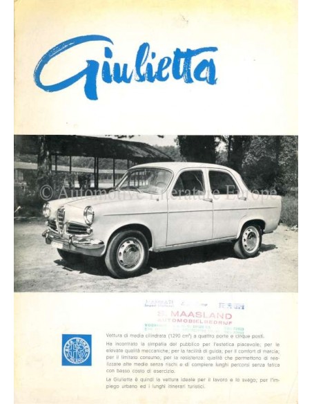 1959 ALFA ROMEO GIULIETTA  BROCHURE ITALIAANS