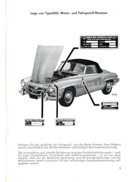 1960 MERCEDES BENZ 190 SL INSTRUCTIEBOEKJE DUITS