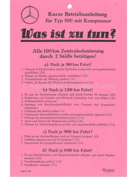 1934 MERCEDES BENZ TYPE 500 KOMPRESSOR OWNERS MANUAL GERMAN