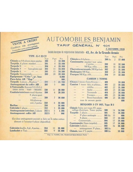 1926 BENJAMIN BROCHURE FRENCH