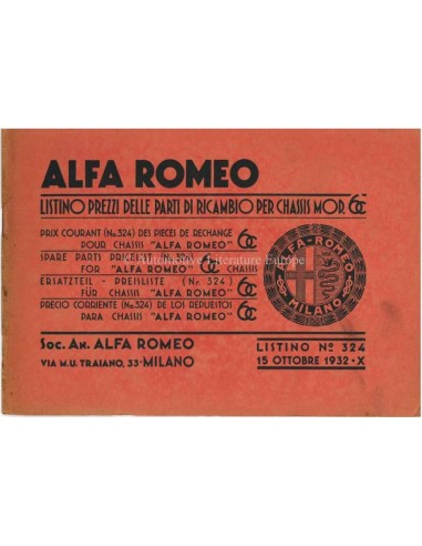 1932 ALFA ROMEO 6C 1500 / 1750 ERSATZTEILKATALOG PREISLISTE ITALIENISCH
