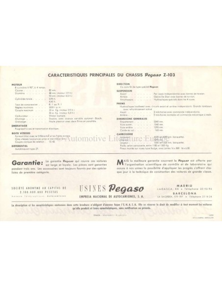 1956 PEGASO Z-103 DATENBLATT FRANZÖSISCH
