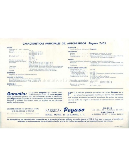 1955 PEGASO Z-102 DATENBLATT SPANISCH
