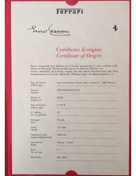 2005 FERRARI ENZO ZERTIFIKAT DES URSPRUNGSFOLIOS