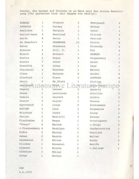 1970 PORSCHE 24 STUNDEN VON LE MANS PERSSEMAPPE DEUTSCH / ENGLISCH