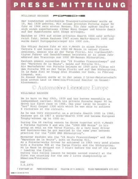 1970 PORSCHE 24 HOURS OF LE MANS PRESSKIT GERMAN / ENGLISH