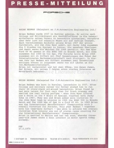 1970 PORSCHE 24 STUNDEN VON LE MANS PERSSEMAPPE DEUTSCH / ENGLISCH