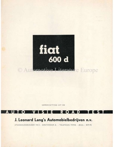 1962 FIAT 600 D BROCHURE NEDERLANDS
