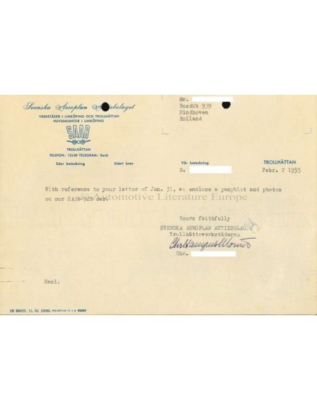 1955 SAAB 92B BROCHURE NEDERLANDS