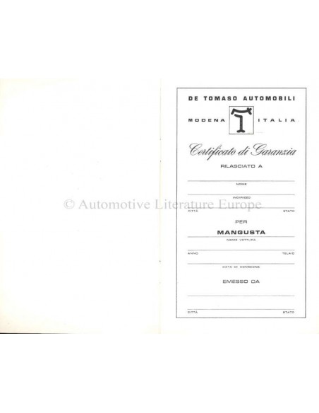 1968 DE TOMASO MANGUSTA WARRANTY & MAINTENANCE MANUAL ITALIAN