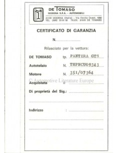 1976 DE TOMASO PANTERA GTS WARRANTY & MAINTENANCE MANUAL 2