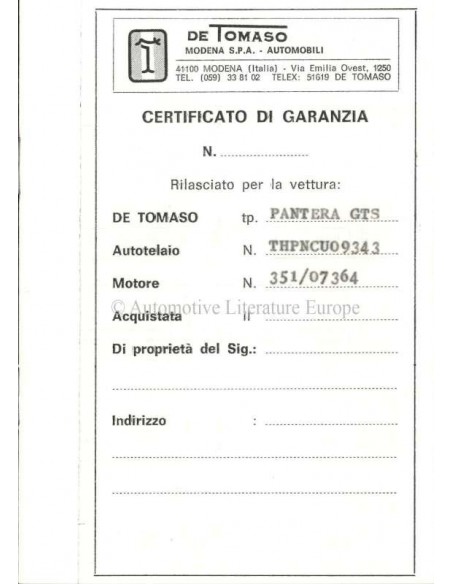 1976 DE TOMASO PANTERA GTS GARANTIE & ONDERHOUD HANDBOEK