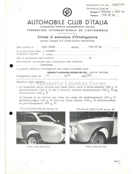 1969 ALFA ROMEO 1750 GT AM F.I.A. HOMOLOGATIE BLADEN ITALIAANS