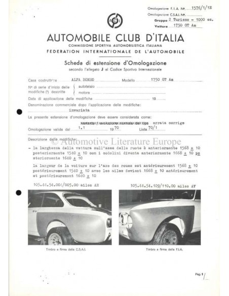 1969 ALFA ROMEO 1750 GT AM F.I.A. HOMOLOGATION DATENBLATT ITALIENISCH
