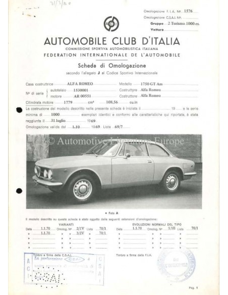 1969 ALFA ROMEO 1750 GT AM F.I.A. HOMOLOGATION DATENBLATT ITALIENISCH