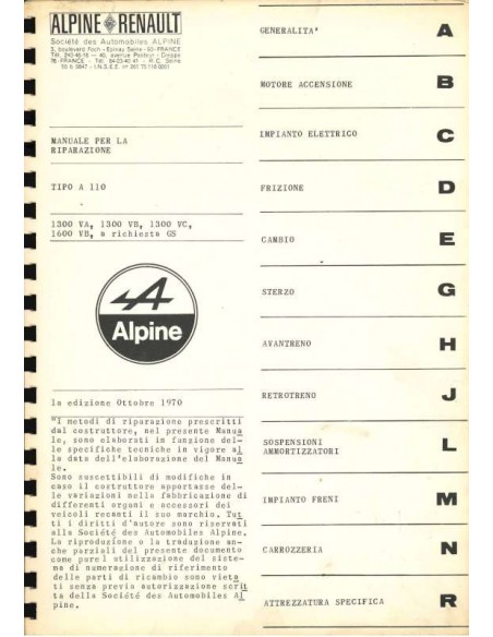 1970 ALPINE A110 1300 / 1600 REPAIR MANUAL ITALIAN