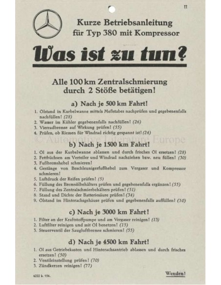 1934 MERCEDES BENZ TYPE 380 BETRIEBSANLEITUNG DEUTSCH