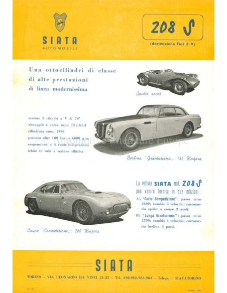1953 SIATA 208 S LEAFLET ENGLISH