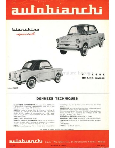 1960 AUTOBIANCHI BIANCHINA SPECIAL DATENBLATT FRANZÖSISCH