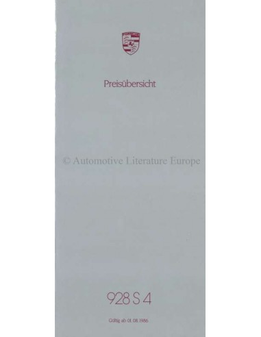 1986 PORSCHE 928 S4 PREISLISTE DEUTSCH