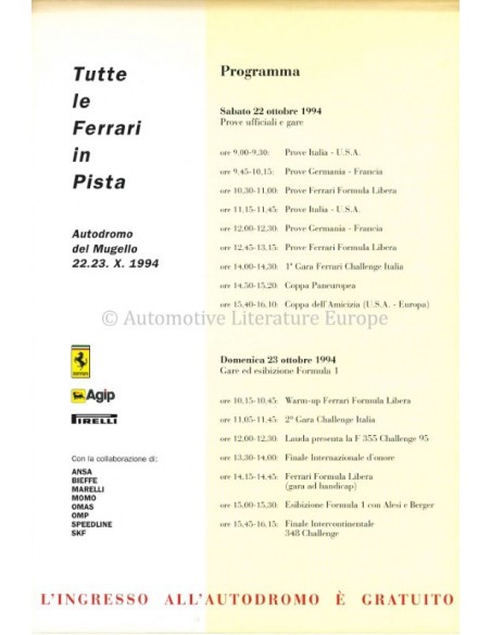1994 FERRARI TUTTE LE FERRARI IN PISTA AUTODROME DEL MUGELLO LEAFLET ITALIAANS