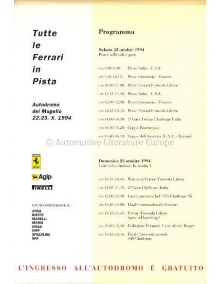 1994 FERRARI TUTTE LE FERRARI IN PISTA AUTODROME DEL MUGELLO LEAFLET ITALIAN