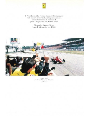 1995 FERRARI FORMEL 1 PRÄSENTATION EINLADUNG POSTKARTE + UMSCHLAG