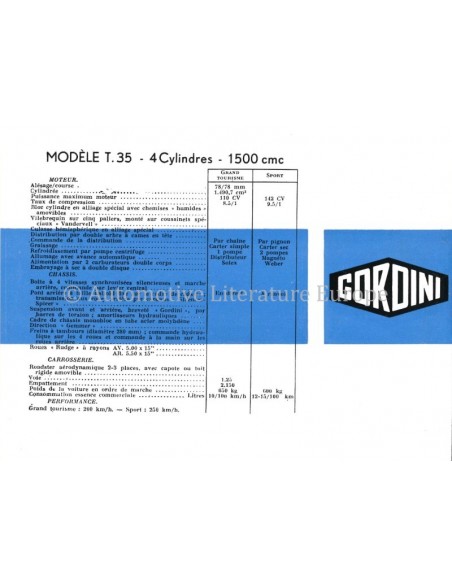1957 GORDINI T.35 BROCHURE FRANS
