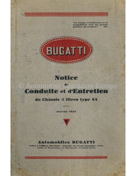 1929 BUGATTI TYPE 44 3-LITRES OWNERS MANUAL FRENCH