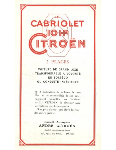 1924 CITROEN LE CABRIOLET 10HP BROCHURE FRENCH