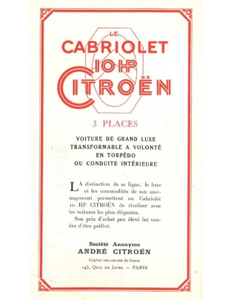 1924 CITROEN LE CABRIOLET 10HP BROCHURE FRENCH