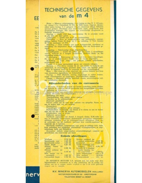 1934 MINERVA M4 4 CYL. 12PK BROCHURE NEDERLANDS