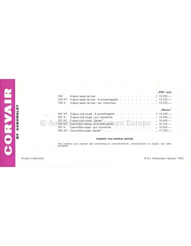 1963 CHEVROLET CORVAIR DATENBLATT NIEDERLANDISCH
