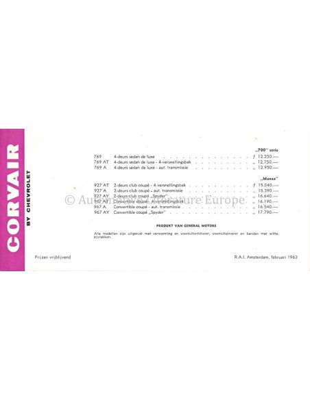 1963 CHEVROLET CORVAIR PRICE LIST LEAFLET DUTCH