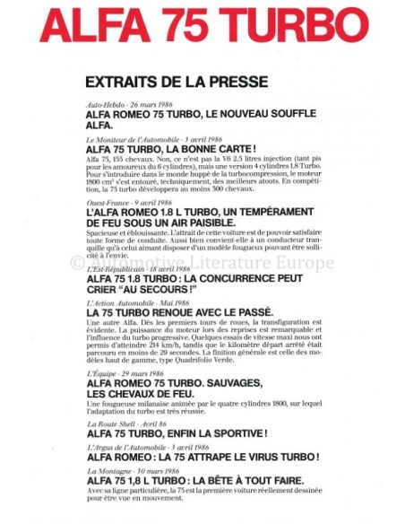 1986 ALFA ROMEO 75 TURBO PRESS BROCHURE FRENCH