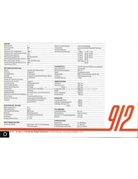 1965 PORSCHE 912 BROCHURE DUITS